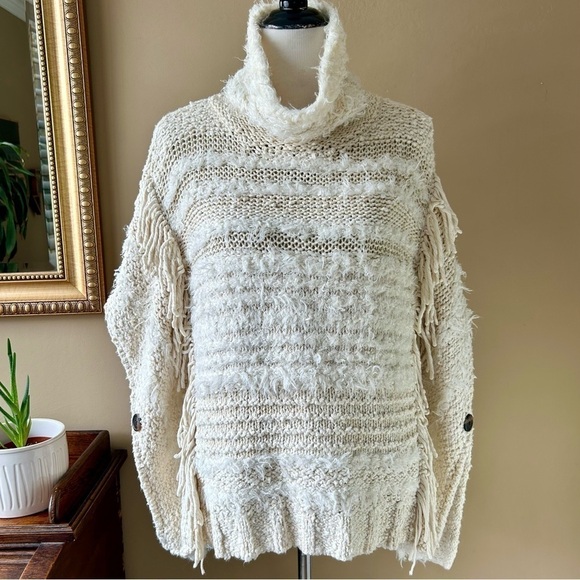 Anthropologie Marilyn Poncho Sweater Ivory White Fringe Mock Neck Size XS  / S - Picture 4 of 16